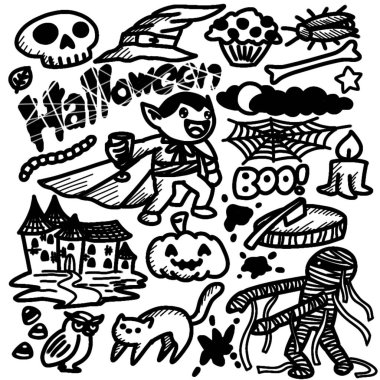 Bir Vampir, Mumya, Baykuş, Kedi, Kafatası, Cadı Şapkası, Kale, Örümcek Ağı, Balkabağı, Tombstone, Kek, Kemik, Yıldız ve Şarap Camlarıyla Cadılar Bayramı Süslemeleri