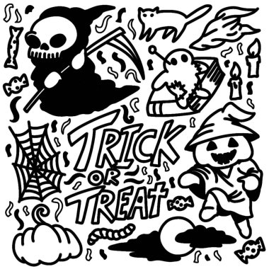 Cadılar Bayramı Klip Sanatı: Azrail, Hayalet, İnsan, Kedi, Örümcek Ağı, Balkabağı, Ay, Bulut, Mum, Şeker ve Şeker 