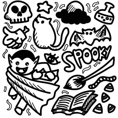 Halloween Doodle Clip Art Set Featuring a Vampire, Cat, Bat, Skull, Star, Moon, Cloud, Broom, Book, Candy Corn, and a Word 