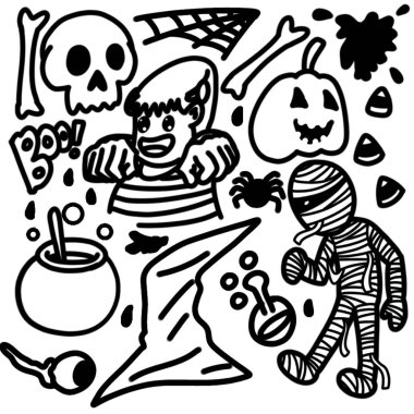 Halloween Doodle Party Decorations with a Mummy, Person, Skull, Witch's Hat, Pumpkin, Cauldron, Spider Web, Bones, Eyeball, and Candy Corn clipart