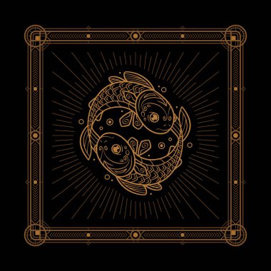 Zodiac işareti ve astroloji sembolü, element. Süslü yüzey ile çerçevelenmiş siyah illüstrasyon üzerinde ana çizim vektör çizimi bakır rengi.