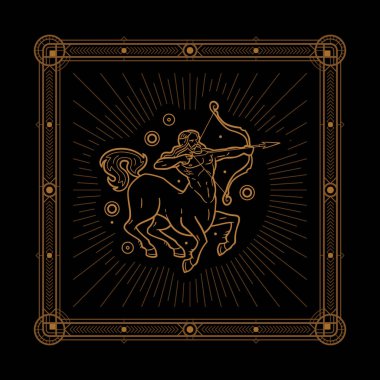 Zodiac işareti ve astroloji sembolü, element. Süslü yüzey ile çerçevelenmiş siyah illüstrasyon üzerinde ana çizim vektör çizimi bakır rengi.