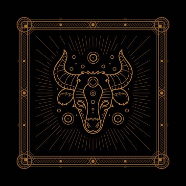 Zodiac işareti ve astroloji sembolü, element. Süslü yüzey ile çerçevelenmiş siyah illüstrasyon üzerinde ana çizim vektör çizimi bakır rengi.