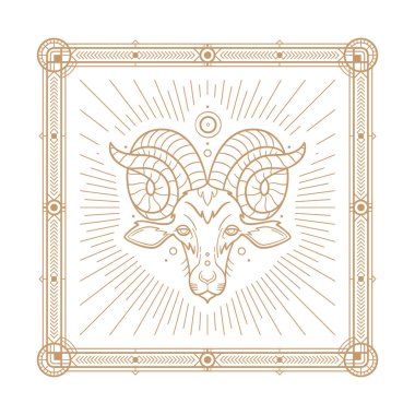 Zodiac işareti ve astroloji sembolü, element. Süslü pedallarla çerçevelenmiş beyaz illüstrasyonda ana hatlı vektör çizimi bakır rengi.