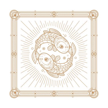 Zodiac işareti ve astroloji sembolü, element. Süslü pedallarla çerçevelenmiş beyaz illüstrasyonda ana hatlı vektör çizimi bakır rengi.