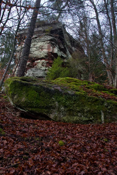 Moss covered rock with a large rock formation in the background on a winter day in the Palatinate Forest of Germany.