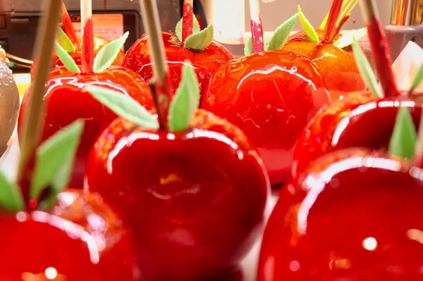 Red candy apples on sticks in a display case at a Christmas market in Salzburg, Austria.