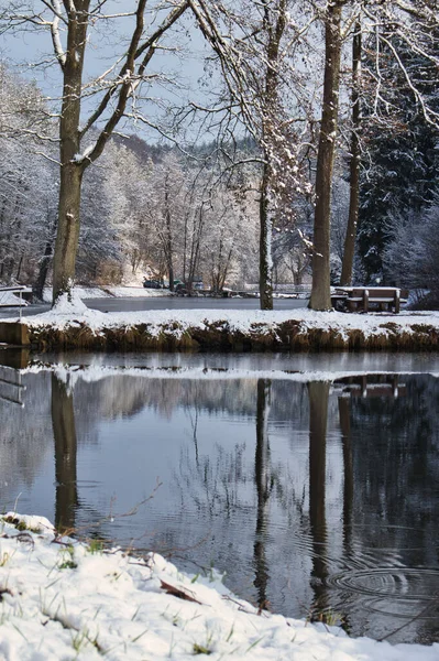 Almanya Nın Enkenbach Alsenborn Kentinde Soğuk Bir Kış Gününde Gölcükler — Stok fotoğraf