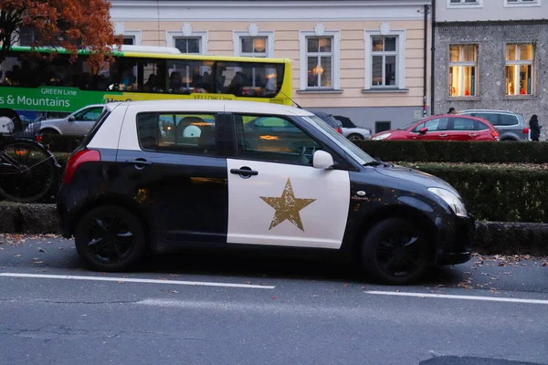 Salzburg Austria November 2019 Small Black White Police Car Star — Stock Photo, Image