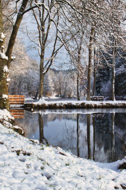 Almanya 'nın Enkenbach-Alsenborn kenti yakınlarındaki Schwarzweiher' de birbirine bağlı iki gölet etrafındaki karlı arazi ve ağaçlar aydınlık bir kış günü.