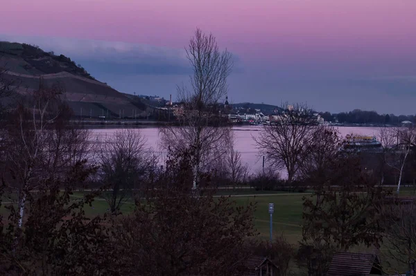 Bingen Rhein Januar 2021 Farbenfroher Rosa Und Blauer Himmel Über — Stockfoto