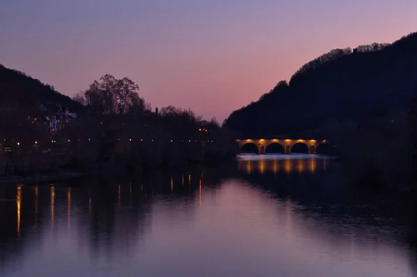 Bingen Rhein Deutschland Januar 2021 Alte Brücke Erstrahlt Einer Bunten — Stockfoto