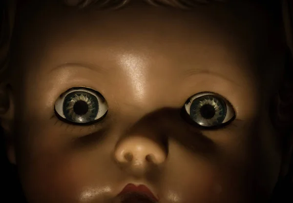Close up of face and eyes on a antique doll with blue eyes.