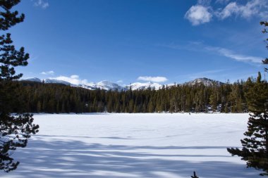 Shadows in the snow on a frozen lake with green trees and mountains in the distance  under a blue sky with white clouds on a sunny winter day in the Bighorn mountains of Wyoming.