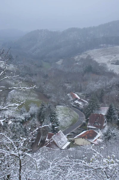 Falkenstein, Almanya - 31 Ocak 2021: Almanya 'nın Rhineland Palatinate kentinde sisli bir kış gününde bir vadide bir caddenin yanındaki birkaç ev.