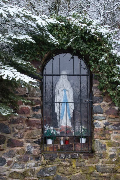 Falkenstein Germany January 2021 Statue Window Surrounded Plants Covered Snow Royalty Free Stock Images