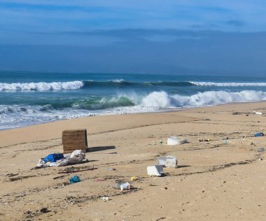 Garbage on a beach with waves crashing in the ocean on a warm winter day near Lisbon, Portugal.