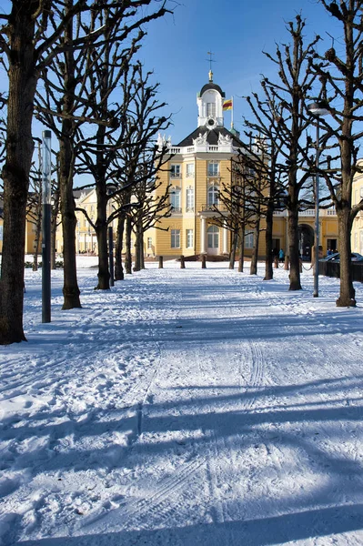 Karlsruhe Niemcy Lutego 2021 Drzewa Cienie Śnieżnej Ścieżce Wiodącej Pałacu — Zdjęcie stockowe