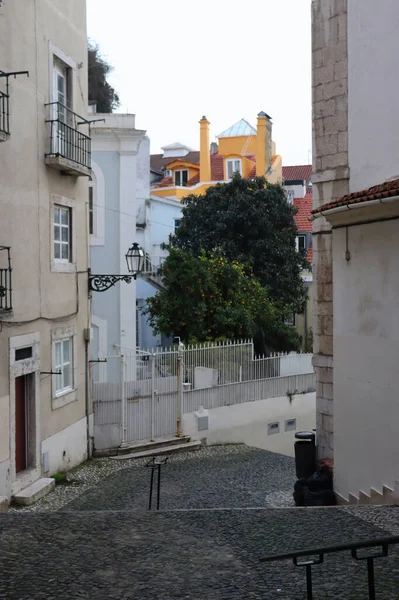 Lisszabon Portugália 2019 December Színes Régi Épületek Lépcsők Körül Egy — Stock Fotó