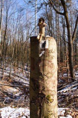 Winnweiler, Almanya - 14 Şubat 2021: Güneşli bir kış günü Winnweiler yakınlarında Almanya 'nın Palatinate ormanındaki bir kütüğün üzerine küçük bir adam oyması.
