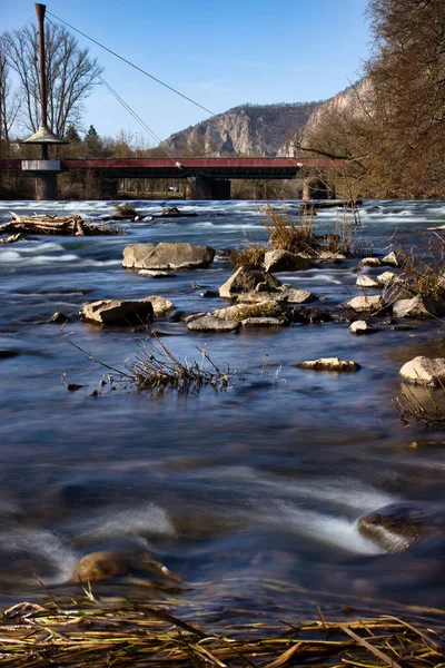 Bad Munster Germany February 2021 Rocks Nahe River Red Bridge — 스톡 사진