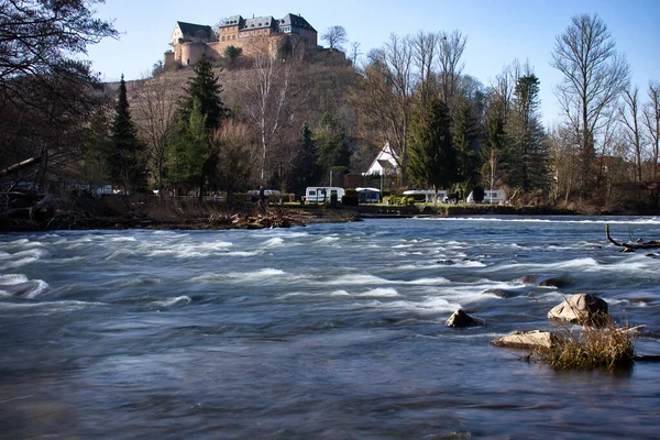 Bad Munster Germany February 2021 Waves Nahe River Ebernburg Castle — 스톡 사진