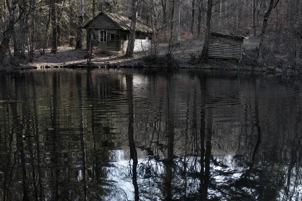 Hütte Einem Kleinen See Pfälzer Wald Einem Winternachmittag — Stockfoto