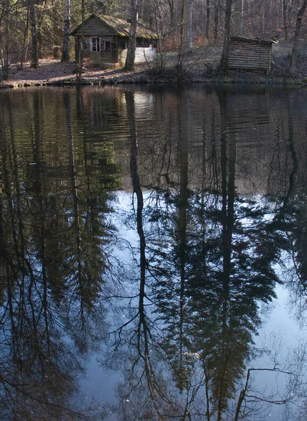 stock image Cabin next to lake with reflection of trees in the water on a winter day in the Palatinate Forest of Germany.