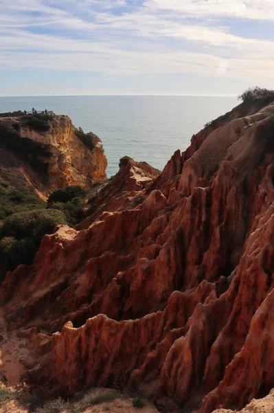 Formacje Wapiennych Klifach Słonecznego Zimowego Dnia Południowej Portugalii Wzdłuż Szlaku — Zdjęcie stockowe