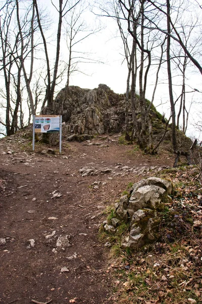 Caminho Rochoso Que Leva Assinar Frente Formação Rochosa Koenigsstuhl Montanha — Fotografia de Stock