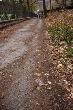 Konigswinter, Almanya - 16 Nisan 2021: Yüz maskesi Almanya 'nın Konigswinter kentindeki bir bahar gününde Drachenburg Kalesi' nin yanındaki yürüyüş yolunda atıldı.