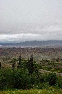 Alaska 'da sisli bir yaz gününde Kennecott' un aşağısında manzara.