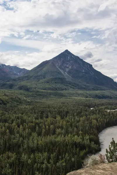 stock image Trees and mountains on a cloudy summer day at Matanuska-Susitna Valley in Alaska near Palmer.