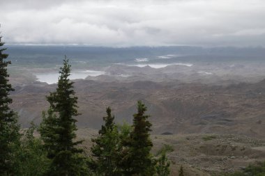 Trees in front of land and water by the Kennecott mine in Wrangell-St. Elias National Park and Preserve in Alaska on a cloudy summer day. clipart