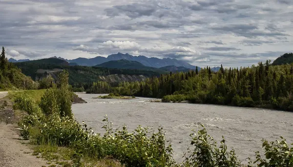 Matanuska Nehri Alaska 'daki Matanuska-Susitna Vadisi' nde bulutlu bir yaz gününde.