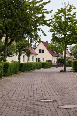 Rerik, Almanya - 30 Mayıs 2021: Bir bahar günü Almanya 'nın Rerik kentinde ağaçlı bir caddede evler.