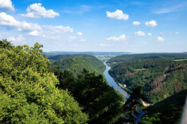 Almanya 'da bir bahar günü yeşil ağaçlarla çevrili Saar Nehri.