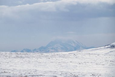 Alaska 'daki Denali Otobanı' nda soğuk bir bahar gününde, nemli dağın tepesinde sis var..