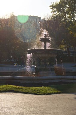 Vienna, Austria - October 9, 2021: Water spraying out of fountain in the Volksgarten in Vienna, Austria on a sunny autumn day. clipart