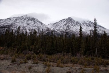 Kanada 'da soğuk bir sonbahar gününde Alaska otobanındaki karlı dağların tepelerinde sis ve bulutlar.. 