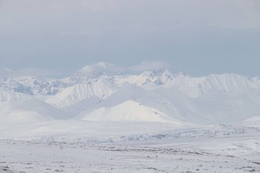 Alaska 'daki Denali Otobanı' nda bulutlu bir bahar gününde dağlarda parlayan güneş.. 