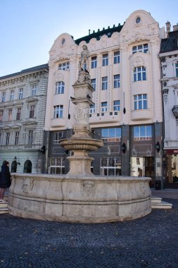 Bratislava, Slovakya - 10 Ekim 2021: Bratislava, Slovakya 'daki eski bir binanın önündeki heykel. 