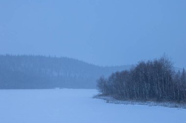 Delta Junction, Alaska yakınlarında soğuk bir sonbahar gününde kar fırtınası sırasında Bolio Gölü. 