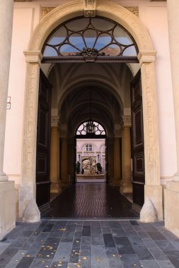 Bratislava, Slovakya - 25 Ekim 2021: Bratislava, Slovakya 'daki bir binanın yürüyüş kapısı içinden heykel.