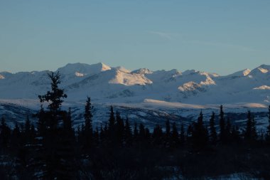 Güneş dağların tepesinde, ağaçların arkasında kışın öğleden sonra Delta Junction, Alaska yakınlarında parlıyor..