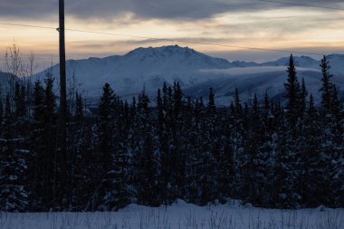 Karanlık bir kış günü, Tok, Alaska yakınlarındaki Alaska Otoyolu 'nda gün doğumunda.. 