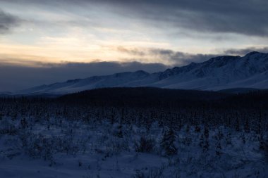 Alaska otoyolu boyunca gökyüzünü aydınlatmaya başlıyor. Tok, Alaska yakınlarında karanlık bir kış günü.. 