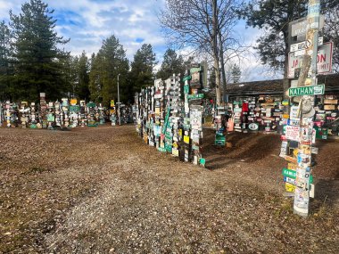 Watson Gölü, Kanada - 9 Ekim 2024: Bir bahar günü Kanada 'da Alaska Otoyolu' ndaki TabelaPost Ormanı 'nda tahta direklere asılı farklı tabelalar. 