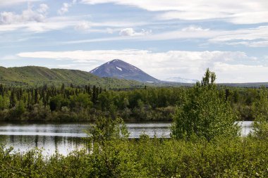 Donnelly Kubbesi, güneşli bir ilkbahar gününde Alaska, Delta Kavşağı yakınlarında yeşil ağaçlı İkiz Göller ve tepelerden birinin arkasında.. 