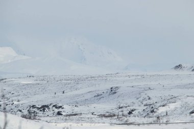 Alaska 'daki Denali Otobanı' nda soğuk bir bahar gününde dağı kaplayan kar ve bulutlar..